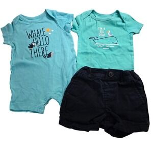 Carters Childrens Place Baby Boy 3pc Set Whale Bodysuits Navy Shorts 6-9 Months